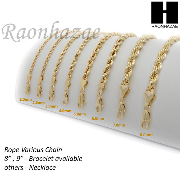 NEW 14K GOLD PLATED BRASS ROPE NECKLACE VARIOUS CHAIN NEW 14K GOLD PLATED ROPE NECKLACE CHAIN (3mm to 10mm) w/ (8"/9"/18"/20"/24"/30"/36") SB001G - Raonhazae