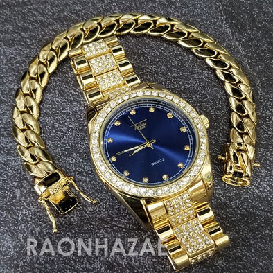 Raonhazae Hip Hop Iced Lab Diamond Blue Face Drake 14K Gold Plated Watch with Miami Cuban Chain Set - GTX001 - Raonhazae
