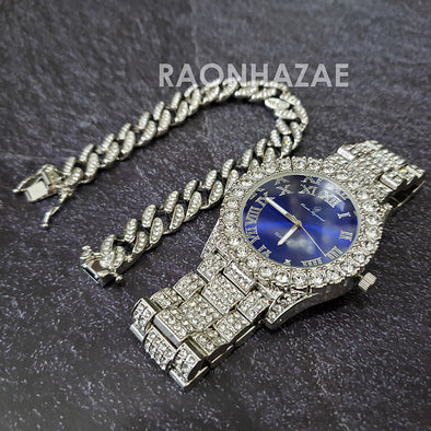 Raonhazae Silver Hip Hop Iced Lab Diamond Meek Mill Drake Blue Face 14K White Gold Plated Watch with 12mm Cuban Link Bracelet Set - Raonhazae