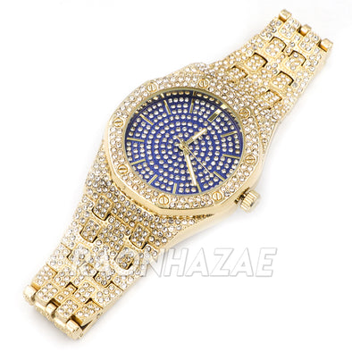 Raonhazae Men's Blue/Gold Simulated Hip Hop Iced Bezel Lab Diamond Watch - G04 - Raonhazae