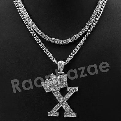 King Crown X Initial Pendant Necklace Set. - Raonhazae
