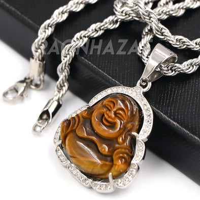 Stainless Steel Silver Smiling Chubby Buddha Pendant 4mm w/ Rope Chain (Brown Jade) - Raonhazae