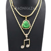 Iced Gold / Silver Buddha Pendant w/ 5mm Franco Chain / MUSICAL NOTE Pendant w/ 4mm Rope Chain Set - Raonhazae