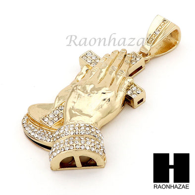 Hip Hop 14k Gold Plated Praying Hands Pendant 30" Cuban Link Chain N07 - Raonhazae