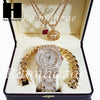 Gold PT Simulated Diamond Pave Watch Ruby QC Chain Cuban Bracelet Set O - Raonhazae