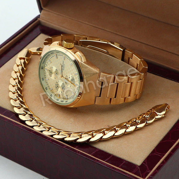 Men 14K Gold PT Round Bezel Metal Band Watch 10mm Gold Miami Cuban Bracelet H85G - Raonhazae