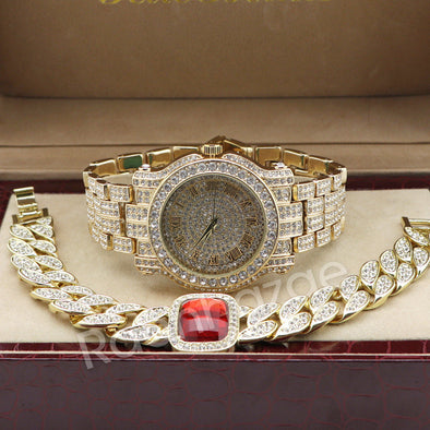 Hip Hop 14K Gold Simulated Diamond Watch Ruby Cuban Chain Bling Bracelet Set F47 - Raonhazae