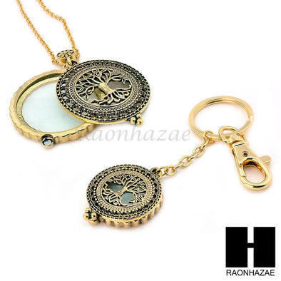 Gold 5X Magnifying Glass Tree of Life Key Chain Pendant Chain Necklace Set SJ4G - Raonhazae