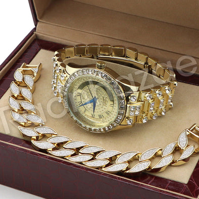 Hip Hop 14K Gold PT Havana Bling Gold Watch Sandblast Bracelet Set F36G - Raonhazae