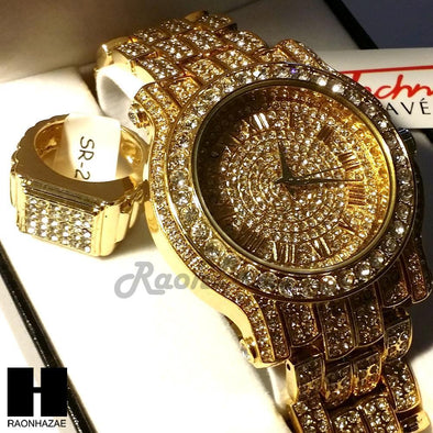 HIP HOP RAPPER GOLD FINISHED SIMULATED DIAMOND WATCH RING SET01G - Raonhazae