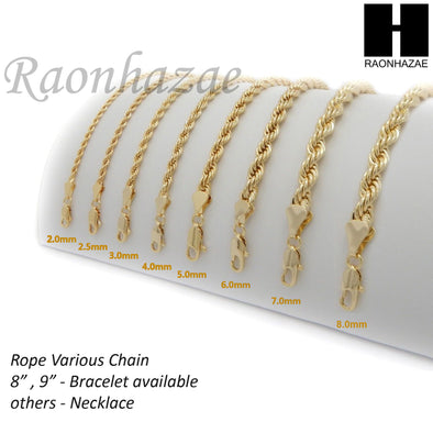 NEW 14K GOLD PLATED BRASS ROPE NECKLACE VARIOUS CHAIN NEW 14K GOLD PLATED ROPE NECKLACE CHAIN (3mm to 10mm) w/ (8"/9"/18"/20"/24"/30"/36") SB001G - Raonhazae