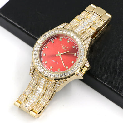 Raonhazae Hip Hop Iced Lab Diamond 14K Gold /Red Plated Watch with Stone - Raonhazae