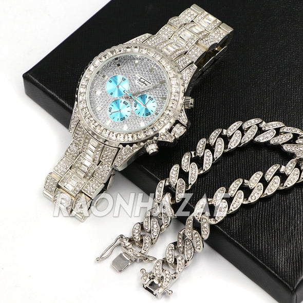 Raonhazae Hip Hop Iced Lab Diamond White Gold Watch Cuban Link Bracelet Set - Raonhazae