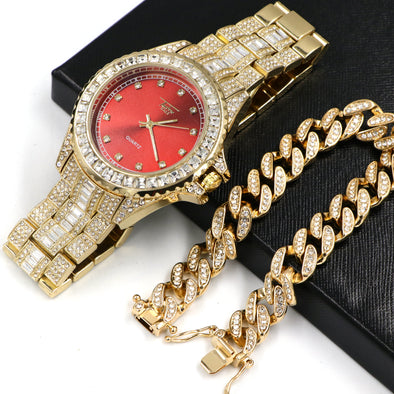 Raonhazae Hip Hop Iced Lab Diamond Gold Watch w/ 15mm Cuban Bracelet Set - Raonhazae