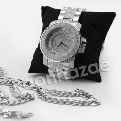 HIP HOP RAONHAZAE 50 CENT SILVER LAB DIAMOND WATCH MIAMI CUBAN CHAIN - Raonhazae