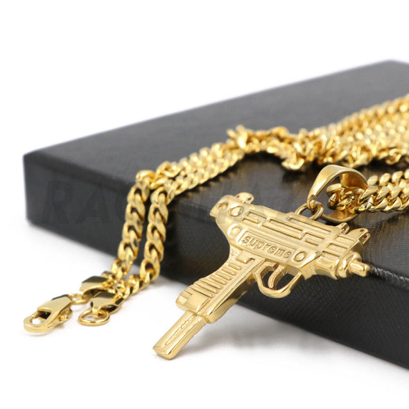 Stainless Steel Gold Supreme UZI Gun Pendant Small w/ 5mm Miami Cuban Chain - Raonhazae