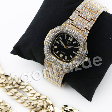 HIP HOP RAONHAZAE GOLD FINISHED LAB DIAMOND WATCH CUBAN CHAIN SET8 - Raonhazae