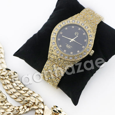 HIP HOP RAONHAZAE GOLD FINISHED LAB DIAMOND WATCH CUBAN CHAIN SET12 - Raonhazae