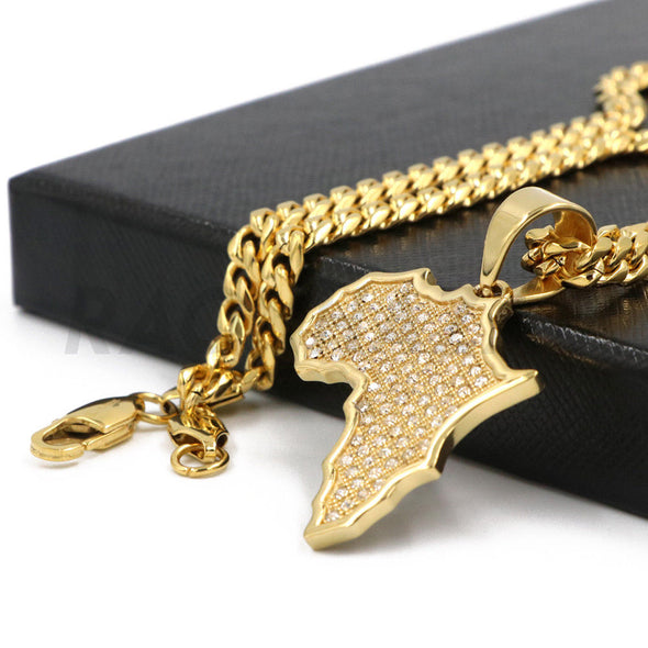 Stainless Steel Gold Africa Map Pendant w/ 5mm Miami Cuban Chain - Raonhazae