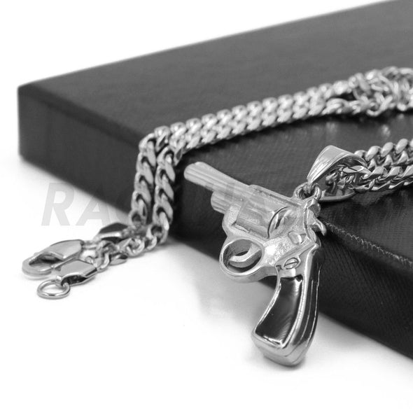 Stainless Steel Silver Pistol Hand Gun Pendant w/ 5mm Miami Cuban Chain - Raonhazae