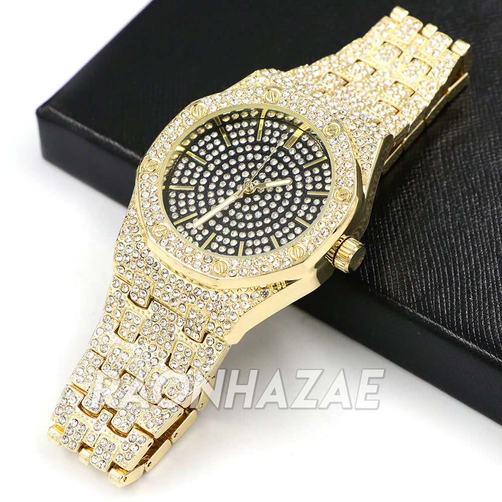 Raonhazae Men's Black/ Gold Hip Hop Iced Bezel Lab Diamond Watch - G01 ...