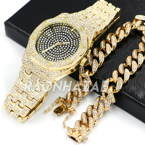 Hip Hop Iced Raonhazae Lab Diamond Drake Watch and 12mm Cuban Link Bracelet Set - Raonhazae