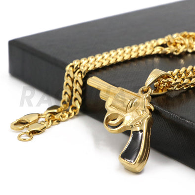 Stainless Steel Gold Pistol Hand Gun Pendant w/ 5mm Miami Cuban Chain - Raonhazae