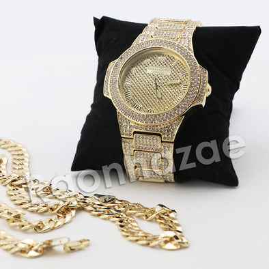 HIP HOP RAONHAZAE JEEZY GOLD FINISHED LAB DIAMOND WATCH CUBAN CHAIN SET SET2 - Raonhazae