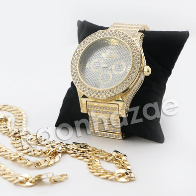 HIP HOP RAONHAZAE JEEZY GOLD FINISHED LAB DIAMOND WATCH CUBAN CHAIN SET - Raonhazae