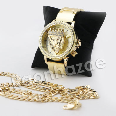 HIP HOP RAONHAZAE GOLD FINISHED LAB DIAMOND WATCH CUBAN CHAIN SET7 - Raonhazae