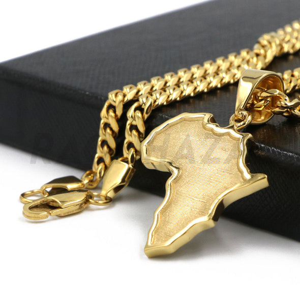 Stainless Steel Solid Gold Africa Map Pendant w/ 5mm Miami Cuban Chain - Raonhazae