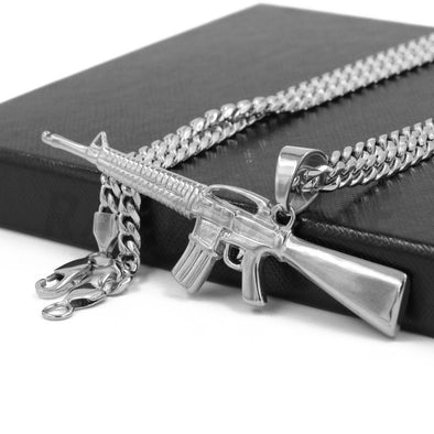 Stainless Steel Silver AK-47 Pendant Large w/ 5mm Miami Cuban Chain - Raonhazae