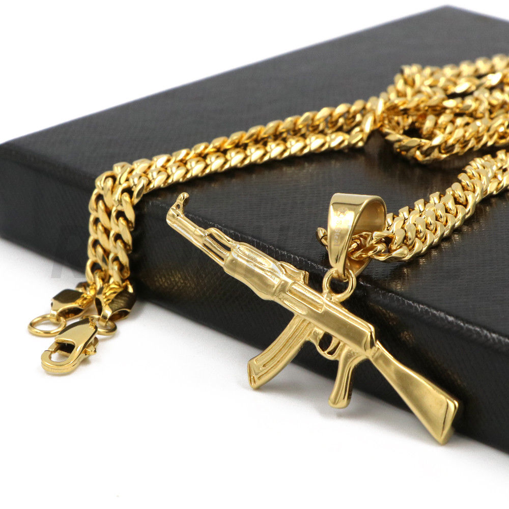 Real Solid 925 Silver / 14k Gold Mens AK47 Gun Rifle Pendant Necklace Hip  Hop | eBay