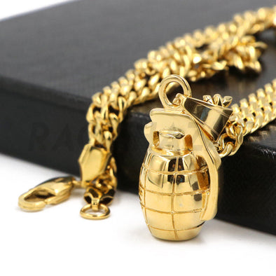 Stainless Steel Gold Grenade Pendant w/ 5mm Miami Cuban Chain - Raonhazae