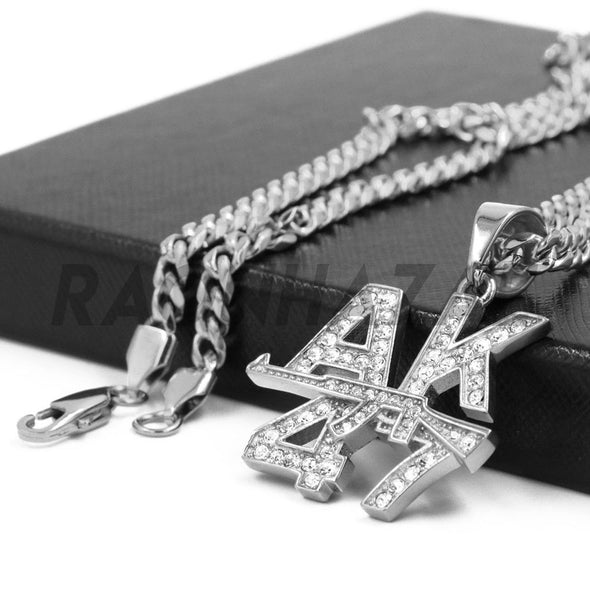 Stainless Steel Silver AK-47 Lettered Pendant w/ 5mm Miami Cuban Chain - Raonhazae