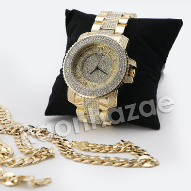 HIP HOP RAONHAZAE JEEZY GOLD FINISHED LAB DIAMOND WATCH CUBAN CHAIN SET4 - Raonhazae