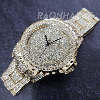 HIP HOP FULL ICED GOLD FINISHED LAB DIAMOND WATCH W/DOUBLE LOCK CUBAN BRACELET - Raonhazae