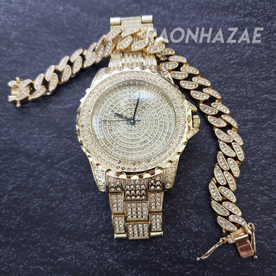 HIP HOP FULL ICED GOLD FINISHED LAB DIAMOND WATCH W/DOUBLE LOCK CUBAN BRACELET - Raonhazae