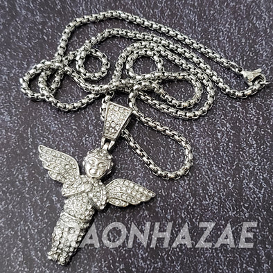 316L Stainless Steel Silver PRAYING ANGEL W/3mm 24" Box Chain - Raonhazae