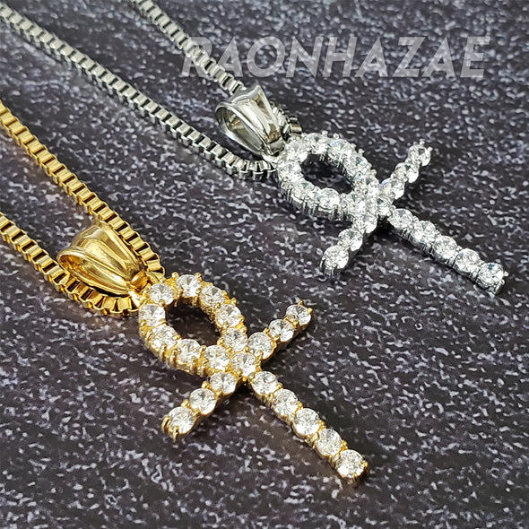 316L Stainless Steel Gold Silver Ankh Cross Charm w/ 2mm 24" Box Chain GM08 - Raonhazae