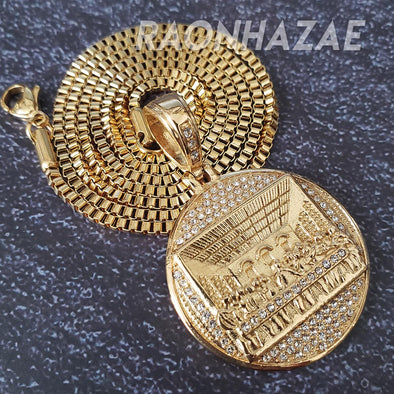 Stainless Steel Gold Bust Down Last Supper Round Pendant 2mm Box Chain SS009 - Raonhazae