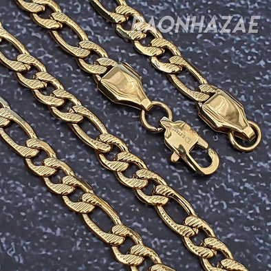 Stainless Steel Frosted Figaro 14k Yellow Gold Plated 5mm 20", 24", 30" Necklace - Raonhazae