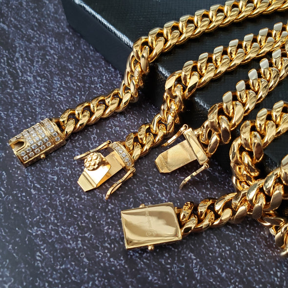 Stainless Steel Gold 8mm Miami Cuban Link Diamond Chain Necklace & Bracelet Set - Raonhazae