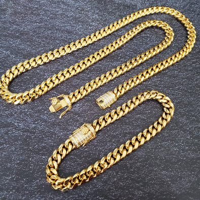 Stainless Steel Gold 8mm Miami Cuban Link Diamond Chain Necklace & Bra ...
