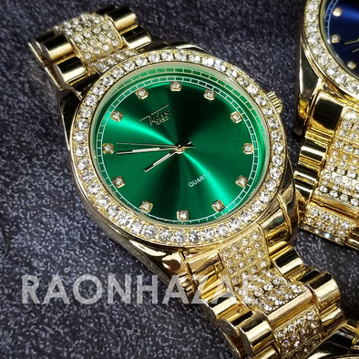 Raonhazae Hip Hop Iced Lab Diamond 14K Gold Plated Green Face Watch with Stone - Raonhazae