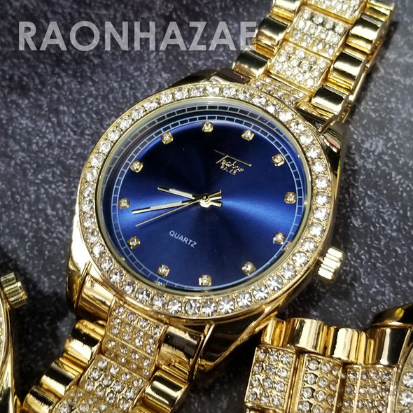 Raonhazae Hip Hop Iced Lab Diamond Blue Face Drake 14K Gold Plated Watch with Miami Cuban Chain Set - GTX001 - Raonhazae