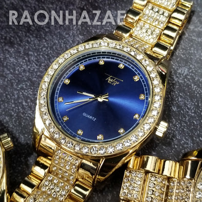 Raonhazae Hip Hop Iced Lab Diamond Blue Face Drake 14K Gold Plated Watch with Rope Bracelet Set - GTR001 - Raonhazae