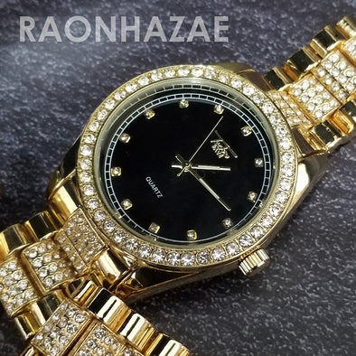 Raonhazae Hip Hop Iced Lab Diamond Black Face Drake 14K Gold Plated Watch with Miami Cuban Chain Set - GTX004 - Raonhazae