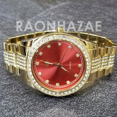 Raonhazae Hip Hop Iced Lab Diamond Red Face Drake 14K Gold Plated Watch with Miami Cuban Chain Set - GTX001 - Raonhazae