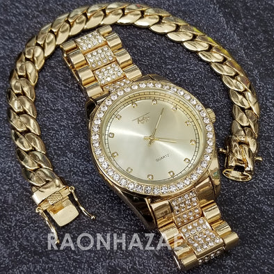 Raonhazae Hip Hop Iced Lab Diamond Gold Face Drake 14K Gold Plated Watch with Miami Cuban Chain Set - GTX004 - Raonhazae